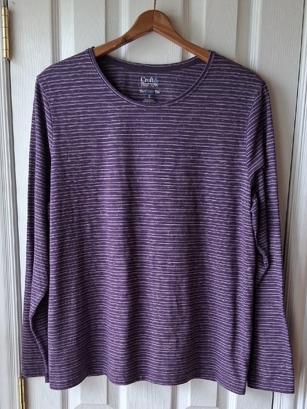 croft & barrow Purple & White Striped Long Sleeve Shirt Crew Neck Tee Shirt